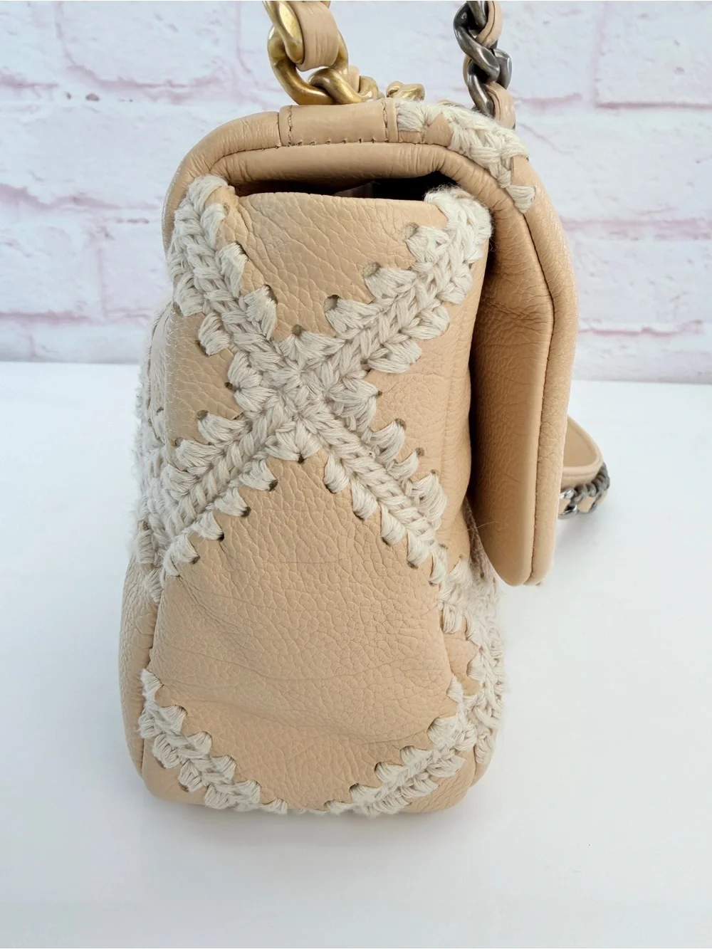 Chanel 19 Flap Medium Calfskin Crochet Shoulder Bag Beige
